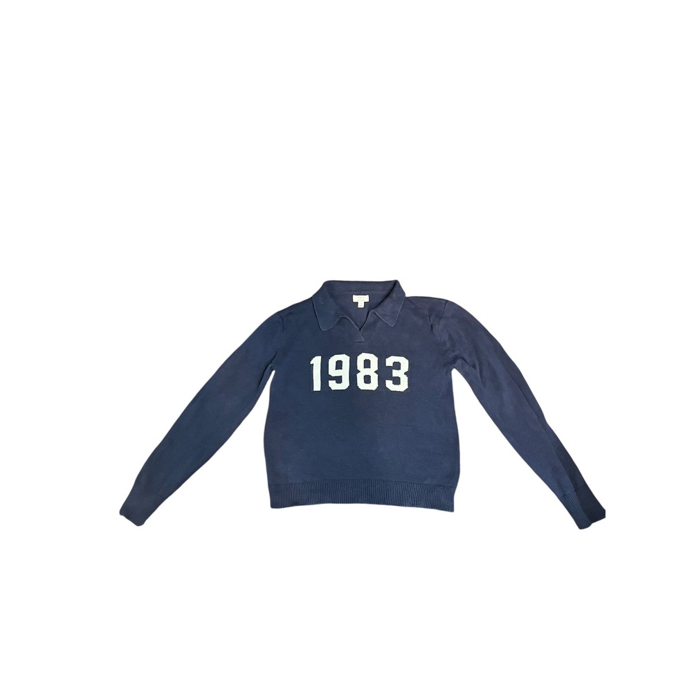 J.Crew Navy Blue 100% Cotton 1983 Graphic Polo Collar Knit Sweater Small